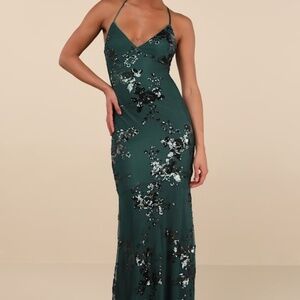 Lulus Valhalla Forest Green Sequin Lace-up Maxi Dress - Size M